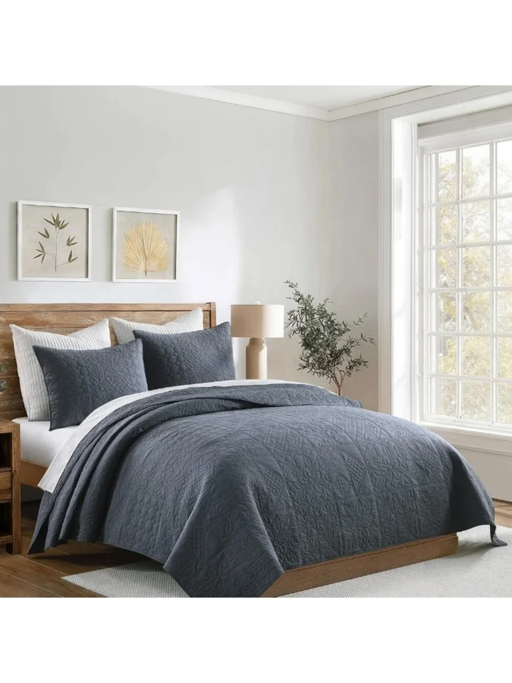 100% Cotton King Quilt Set - Steel Blue Patchwork Farmhouse Bedding, Soft